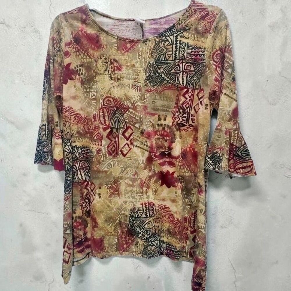 Flirty Pink Tunic Top Womens Large Aztec Design Hi/Low Hem Cottagecore Boho-Chic